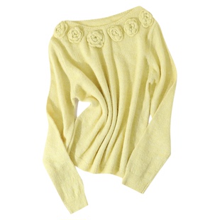 大于诗集 花房绮梦7羊毛法式玫瑰花露肩针织衫衫女大圆领显瘦毛衣