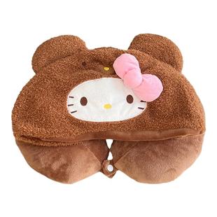 可爱卡通毛绒饼饼连帽U型枕护颈枕旅行便携飞机枕带帽U枕女礼物