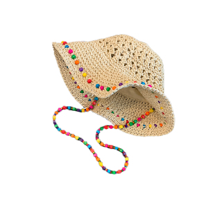 泫雅风镂空大帽檐草帽女2026年春新款彩色木珠渔夫帽子显脸小盆帽