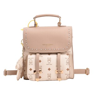 皮质复古学院2026新款老花双肩包高级感书包女小熊外出逛街小背包