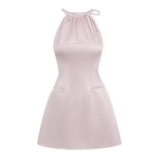 现货卢昱晓同款粉色缎面光泽感挂脖连衣裙女收腰无袖短裙生日裙子