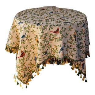美式乡村枝头鹦鹉餐桌布艺复古高级感台布家用圆桌长方形茶几桌布