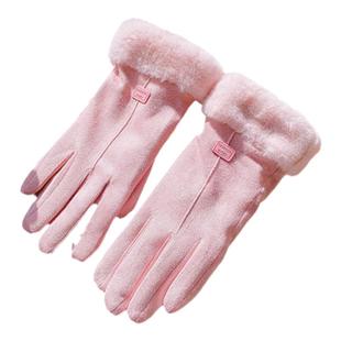 手套秋冬天女麂皮加绒加厚触屏保暖手套防风防寒骑车可爱学生滑雪