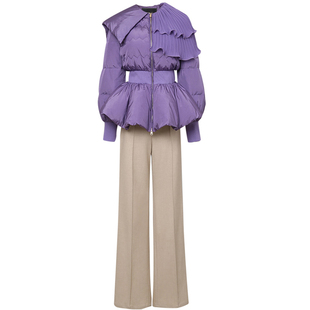 冬季2025新款女装时尚气质两件套潮紫色羽绒服外套喇叭裤裤子套装