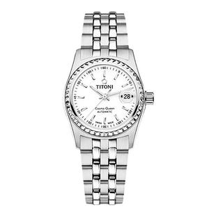 瑞士进口Titoni梅花手表宇宙系列钢带白盘日历自动机械腕表女表