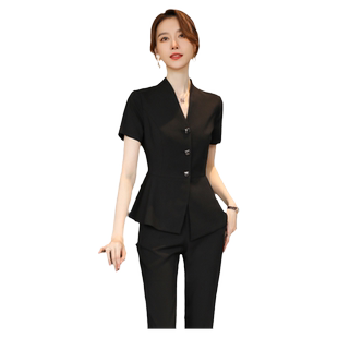 诗璐雅2025夏天西装套装女薄款时尚显瘦遮肚气质前台工作制服黑色
