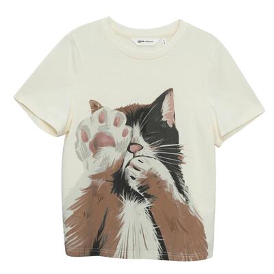 MOVEUP幻走2025夏季新款.FUN系列短袖纯棉猫咪印花短款T恤女