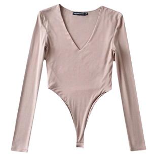 欧美风V领连体衣女勒阴春秋辣妹穿搭紧身连裆露腰长袖打底衫上衣A