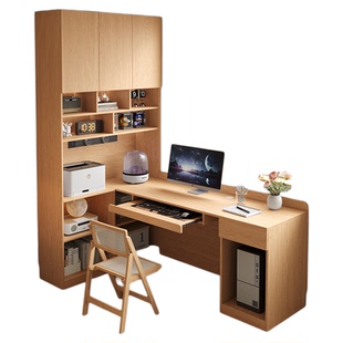 定制橡木书桌书柜一体实木到顶书架学习电脑桌靠墙转角儿童写字桌