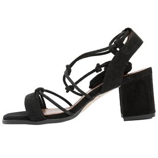 ALOHAS 女士夏季简约纯色圆头露趾系带马蹄跟粗跟凉鞋