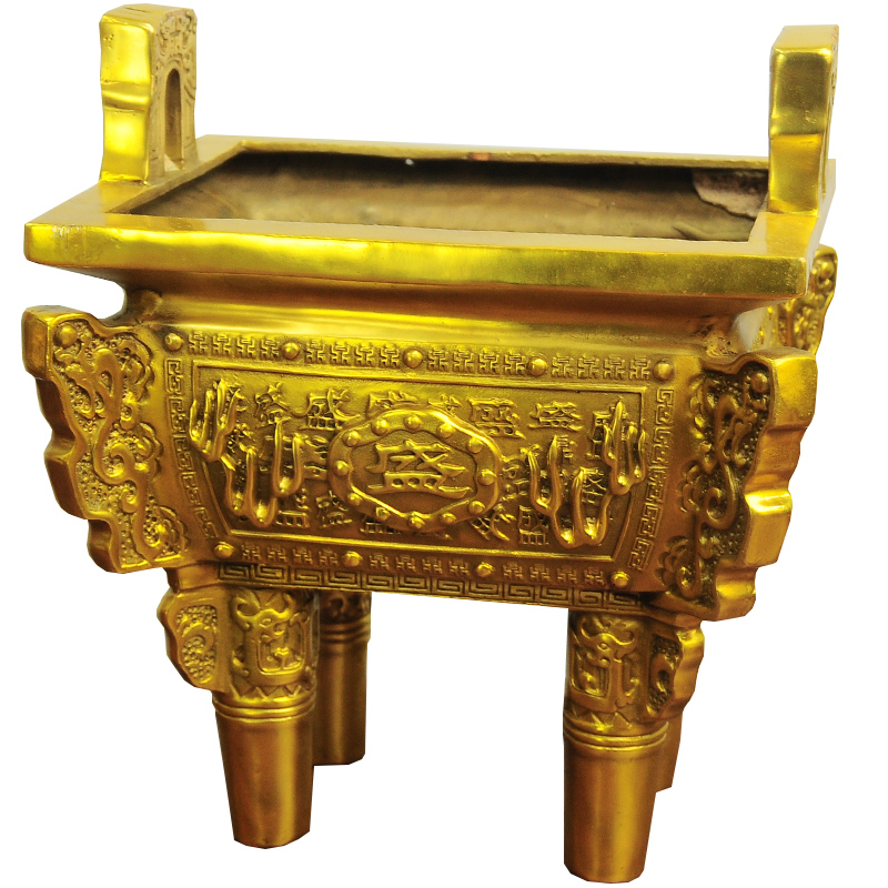 铜鼎摆件香炉黄铜四足方鼎商务客厅公司开业办公桌黄铜装饰工艺品