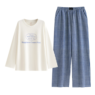 悦内带胸垫睡衣女款春秋季秋冬长袖长裤纯棉家居服圆领套头可外穿