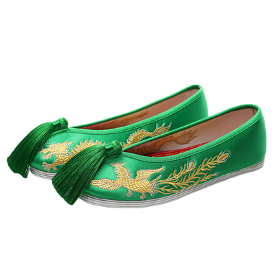 新款中式婚鞋子新娘结婚布鞋旗袍秀禾鞋平底龙凤鞋绿色上轿鞋红色