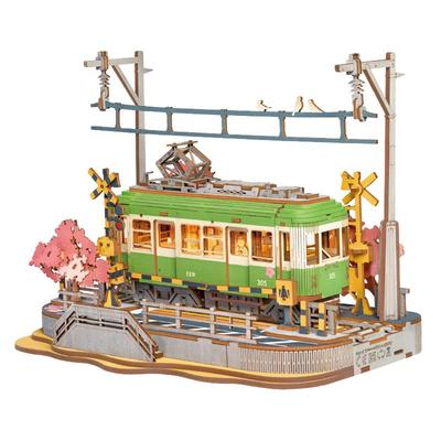 rolife若来樱花之旅电车3d立体拼图积木木质拼装模型摆件生日礼物
