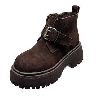 欧洲站皮带扣马丁靴女2025新款反绒皮厚底增高工装短靴真皮机车靴