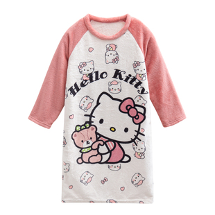 女童法兰绒睡裙长袖秋冬季款可爱卡通KT猫中大童小女孩儿童家居服