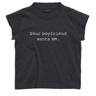 False Inception洗水灰标语baby tee辣妹正肩修身显瘦女短款上衣