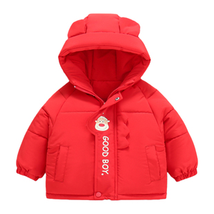 宝宝冬装连帽加厚棉服可爱卡通保暖外套男女小童圣诞新年红色棉袄