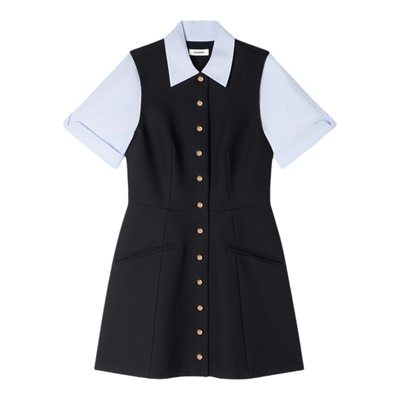 SANDRO撞色拼接袖和领口连衣裙