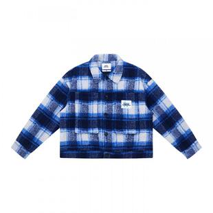 EMPTY REFERENCE 蓝白复古格纹羊羔绒短款夹克休闲宽松格子厚外套