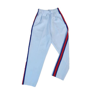 学生校服裤子白色直筒前后宝蓝中间大红宽杠校服长裤四季可穿校裤