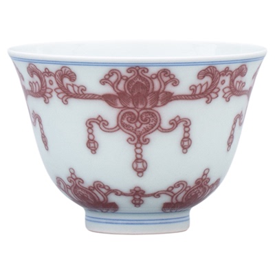 二亭釉里红宝相如意撇口杯