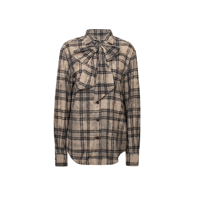 TOP家 文艺复古 法式时髦高智感 宽松垂坠天丝混纺格纹系带衬衫