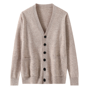 100%纯羊毛衫男开衫外套带兜宽松大码V领毛衣春秋针织打底衫薄款