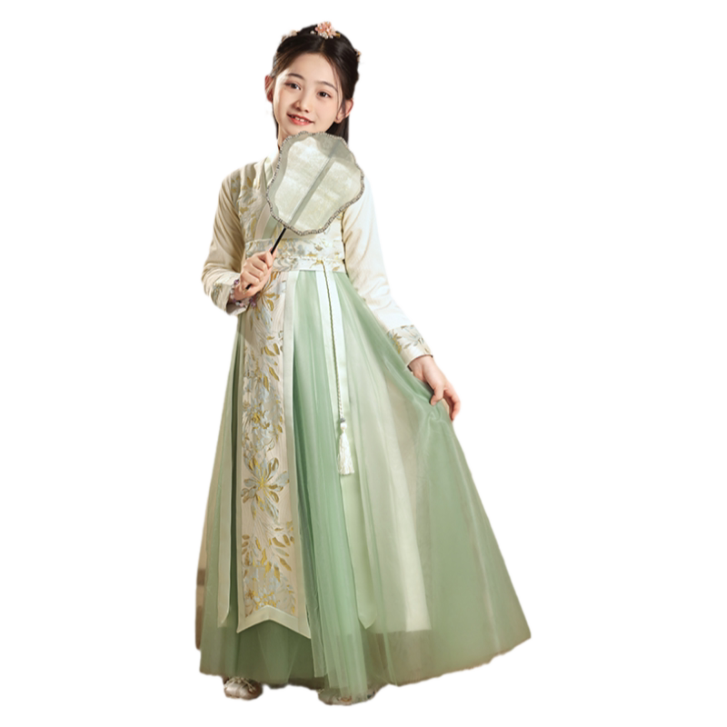 汉服女童2025新款冬装儿童古风超仙国风连衣公主裙古装绿色秋冬季