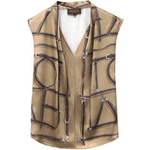 预售COCOBELLA缎面印花无袖V领衬衫夏优雅通勤无领衬衣上衣SR3102