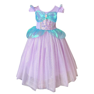 女童美人鱼公主裙夏季紫色蓬蓬纱网纱cos舞会生日正版礼服长裙子