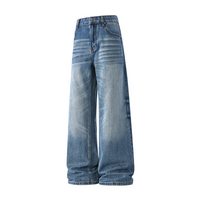 98SQUID 美式复古水洗磨白立体猫须牛仔裤男女宽松休闲阔腿长裤子