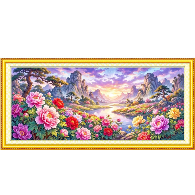 包邮锦绣山河十字绣客厅山水画2026新款手工刺绣紫气东来大格四股