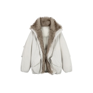 RASP冬季环保皮草拼接毛领座山雕派克羽绒服下摆抽褶夹克外套上衣