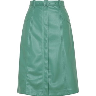 XG雪歌湖绿色明线设计半身裙时尚秋季新款通勤高腰皮质A字裙女装
