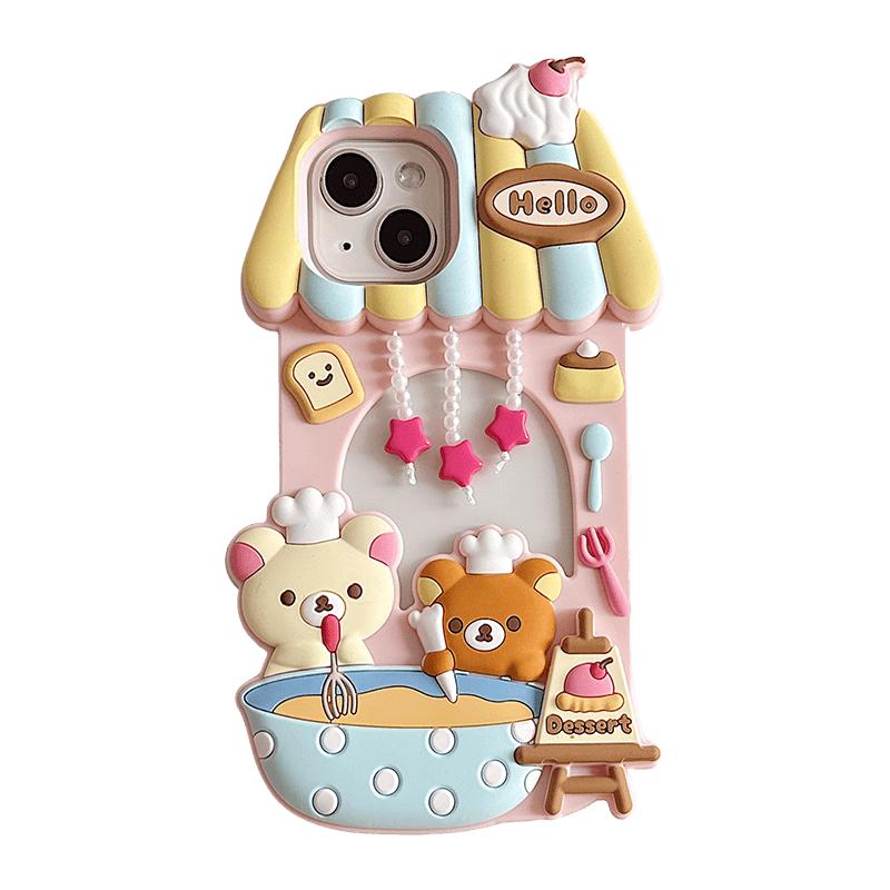 日韩可爱轻松熊甜品屋适用苹果16ProMax手机壳新款iphone16立体15卡通14创意13女款15promax软硅胶保护套链条