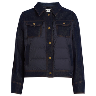 QS秸熙2025冬季新款气质通勤牛仔拼接羽绒服轻薄款夹克保暖短外套