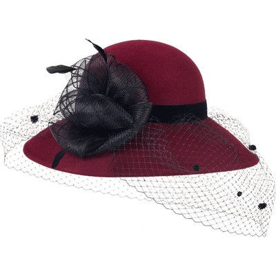 女士冬季休闲风网纱呢子礼帽大檐