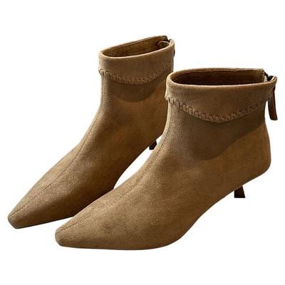 曼斯贝勒尖头后拉链细跟绒面短靴