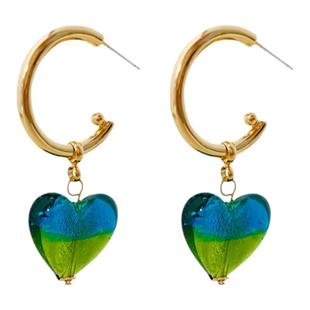 张婧仪同款孔雀蓝绿玻璃爱心耳环设计穆拉诺手工爱心玻璃耳环