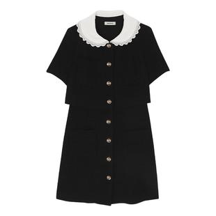 线上限定SANDRO秋冬女装法式甜美黑色镂空花边领假两件花呢连衣裙