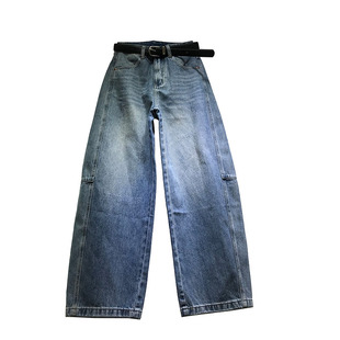 E野视角弯刀裤女2026年春季拖地牛仔裤刺绣皮牌阔腿裤61132