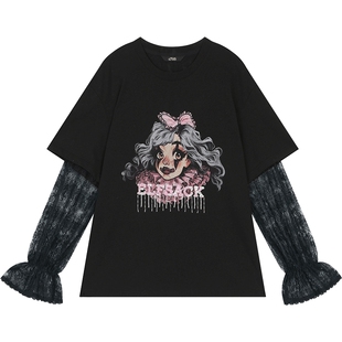 妖精的口袋蕾丝拼接黑色印花长袖t恤女2026春新款设计感宽松上衣