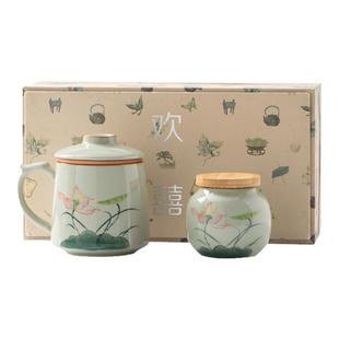 画续釉下彩手绘荷花水分离泡茶杯子办公室水杯女陶瓷过滤内胆送礼