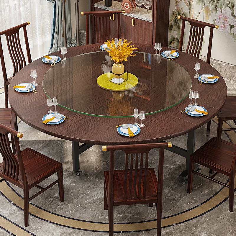 折叠桌子新中式大圆桌胡桃色小户型多功能简易折叠可移动多人聚餐