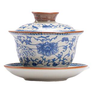 米黄汝窑青花三才盖碗单个高档悬停旋转泡茶杯陶瓷不烫手功夫茶具