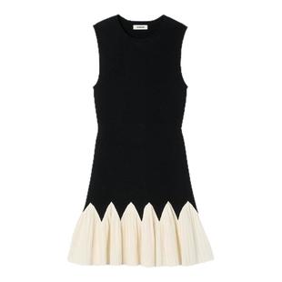 SANDRO博主同款2025秋冬新款女装法式黑白撞色荷叶边针织连衣裙