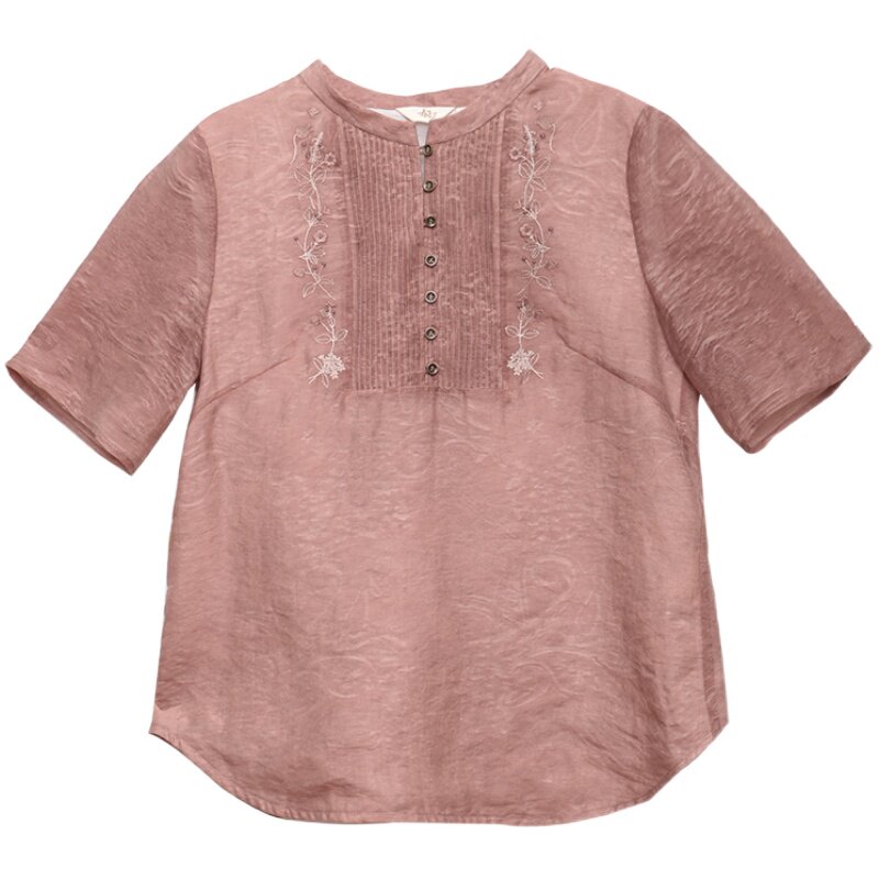 布符2023夏季新款复古刺绣精致时尚气质百搭中式领风琴褶T恤女