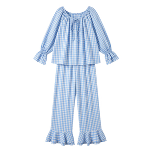 女款棉质蓝色格子睡衣女纯棉长袖春秋宫廷风高级感女士家居服套装