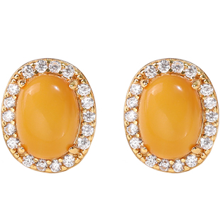 薇拉蒂S925纯银蜜蜡耳钉女款琥珀耳环新中式秋冬高级感复古黄耳饰